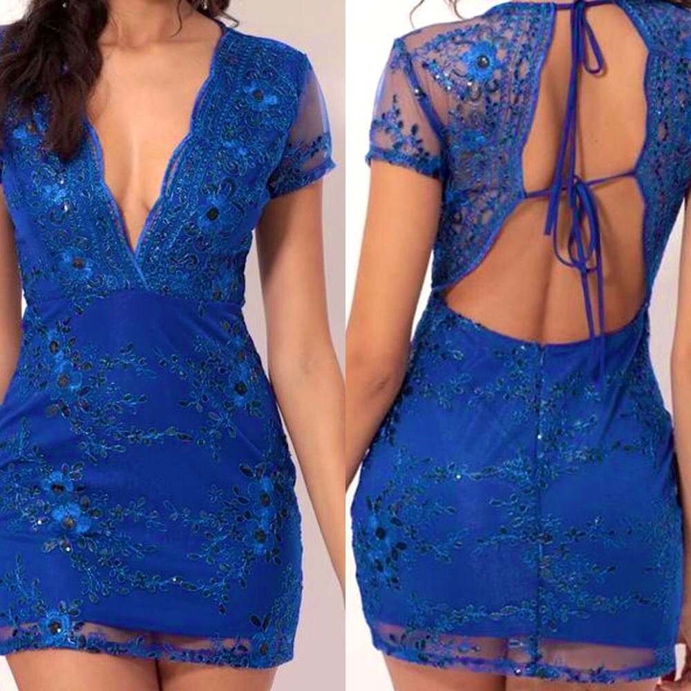 Lucy in the Sky Lani Sequin Lace Plunge Cocktail Mini Dress Royal Blue | Large